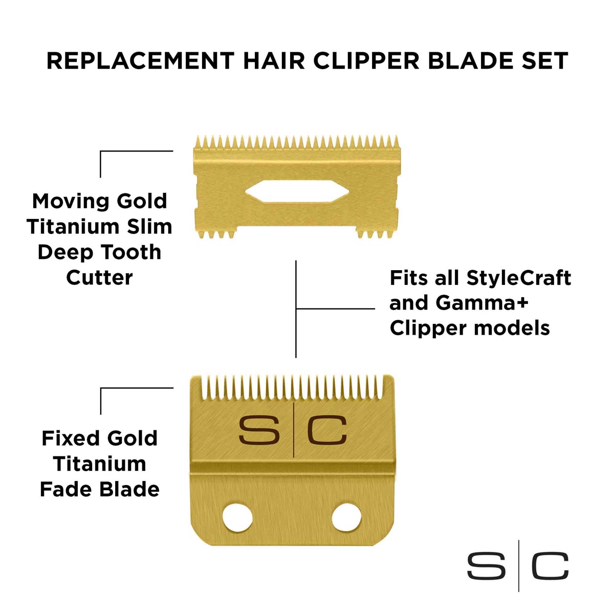 StyleCraft Clipper Blade Set - Gold Fixed Fade Blade with Slim Deep Tooth Cutter