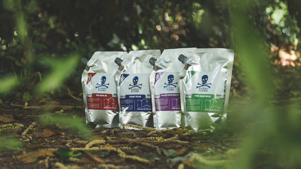 Image of The Bluebeards Reveng refill pouches in a forest